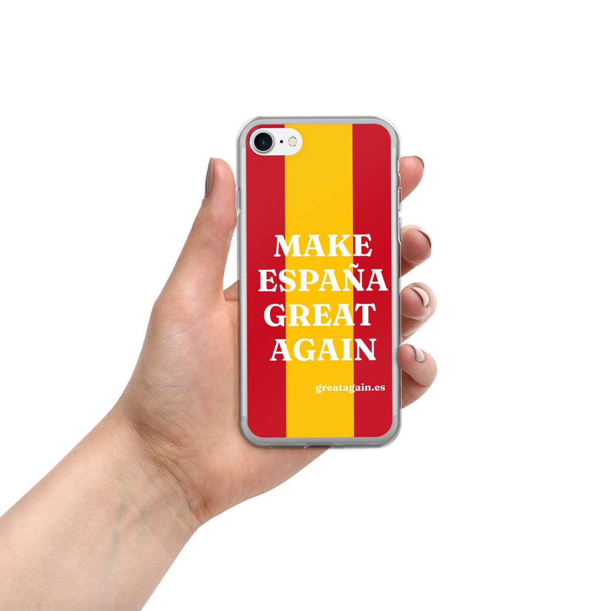 Carcasa transparente iPhone® Make España Great Again con bandera grande