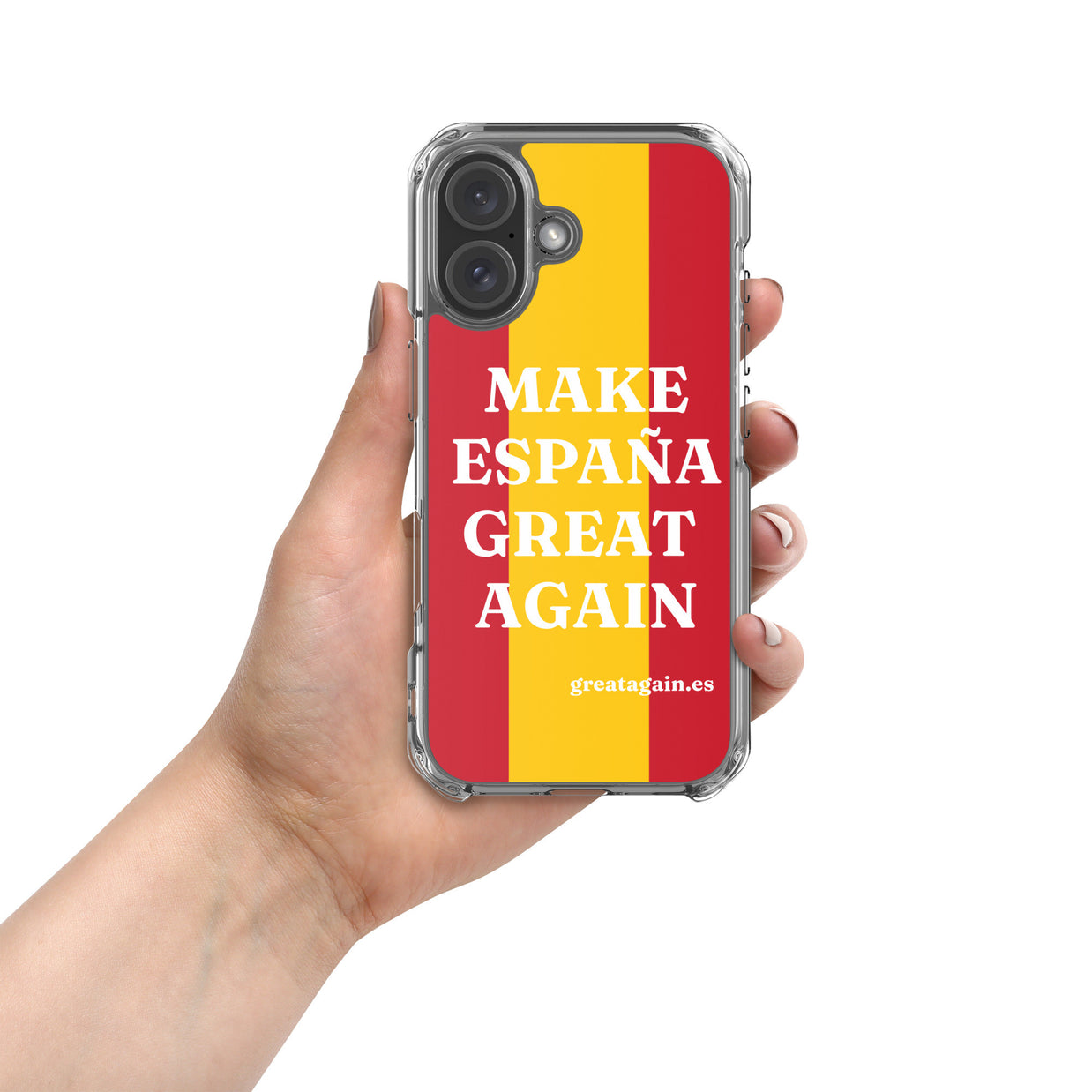 Carcasa transparente iPhone® Make España Great Again con bandera grande