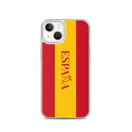 Carcasa transparente iPhone ESPAÑA con bandera y letra en rojo