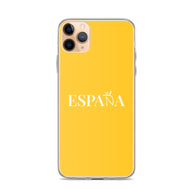 Carcasa transparente iPhone ESPAÑA de color amarillo y letra blanca