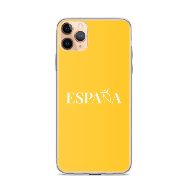 Carcasa transparente iPhone ESPAÑA de color amarillo y letra blanca