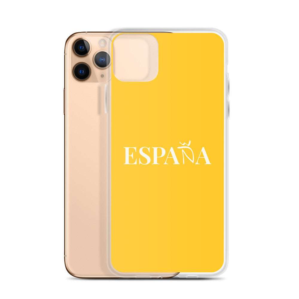 Carcasa transparente iPhone ESPAÑA de color amarillo y letra blanca