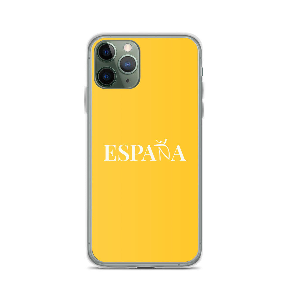 Carcasa transparente iPhone ESPAÑA de color amarillo y letra blanca