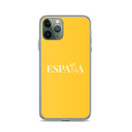 Carcasa transparente iPhone ESPAÑA de color amarillo y letra blanca
