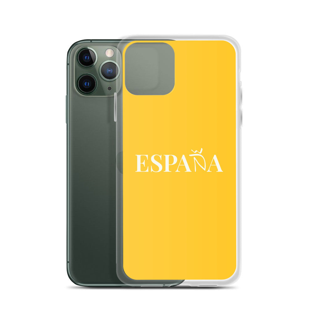 Carcasa transparente iPhone ESPAÑA de color amarillo y letra blanca