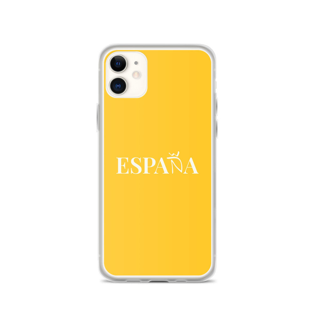 Carcasa transparente iPhone ESPAÑA de color amarillo y letra blanca