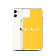 Carcasa transparente iPhone ESPAÑA de color amarillo y letra blanca
