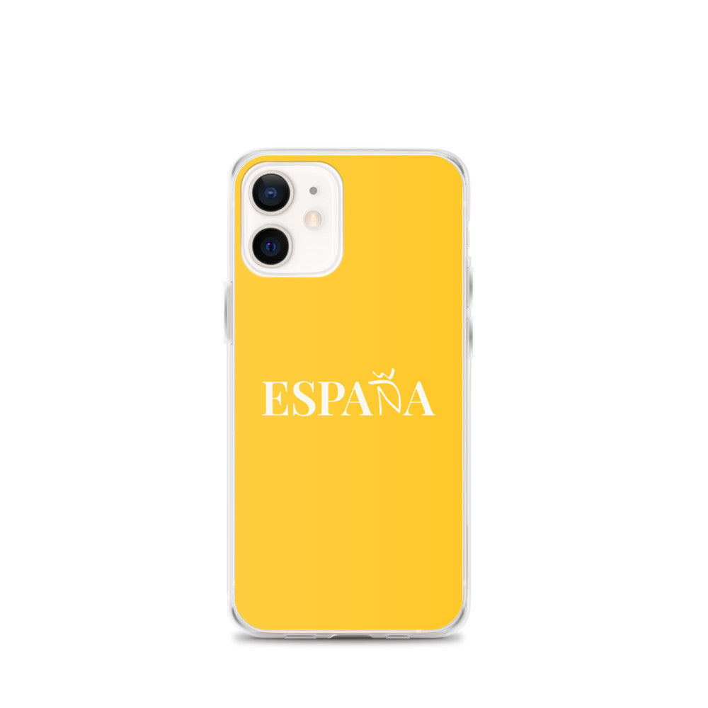 Carcasa transparente iPhone ESPAÑA de color amarillo y letra blanca