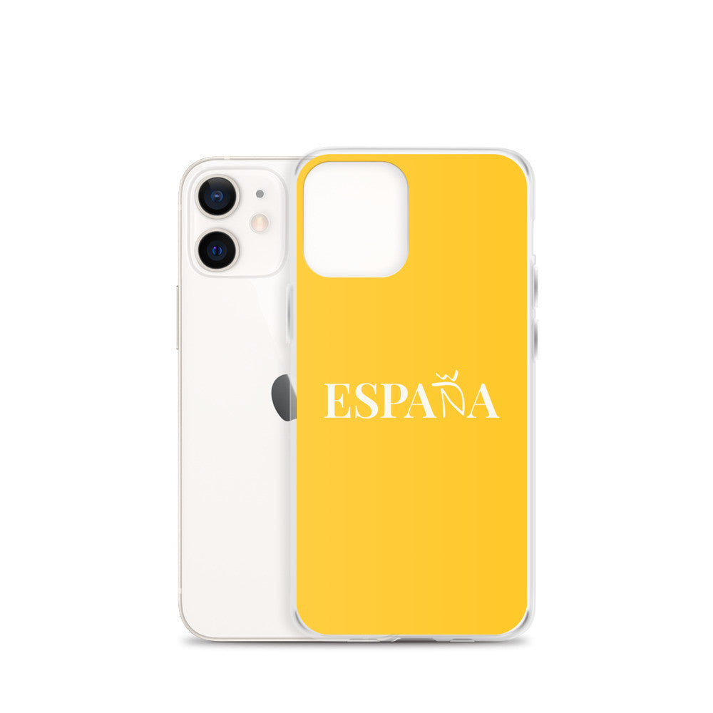 Carcasa transparente iPhone ESPAÑA de color amarillo y letra blanca