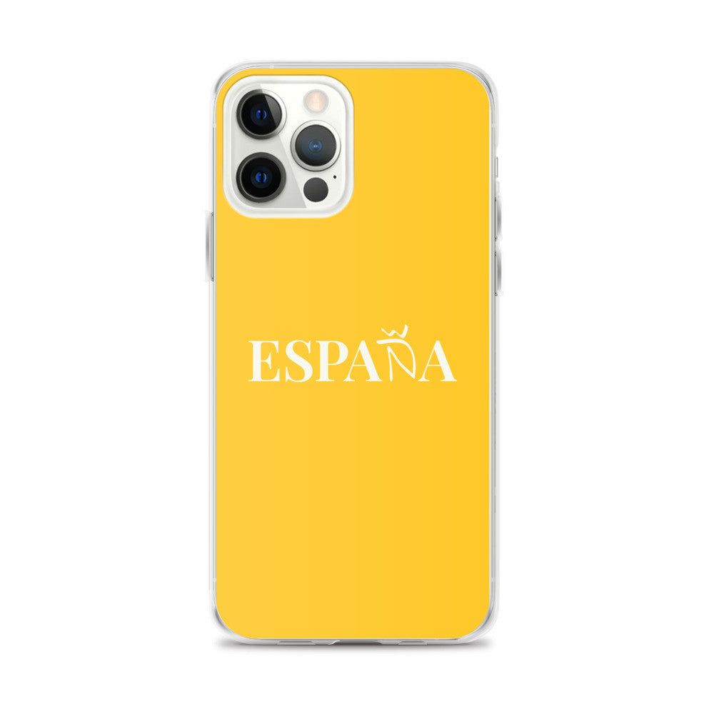 Carcasa transparente iPhone ESPAÑA de color amarillo y letra blanca