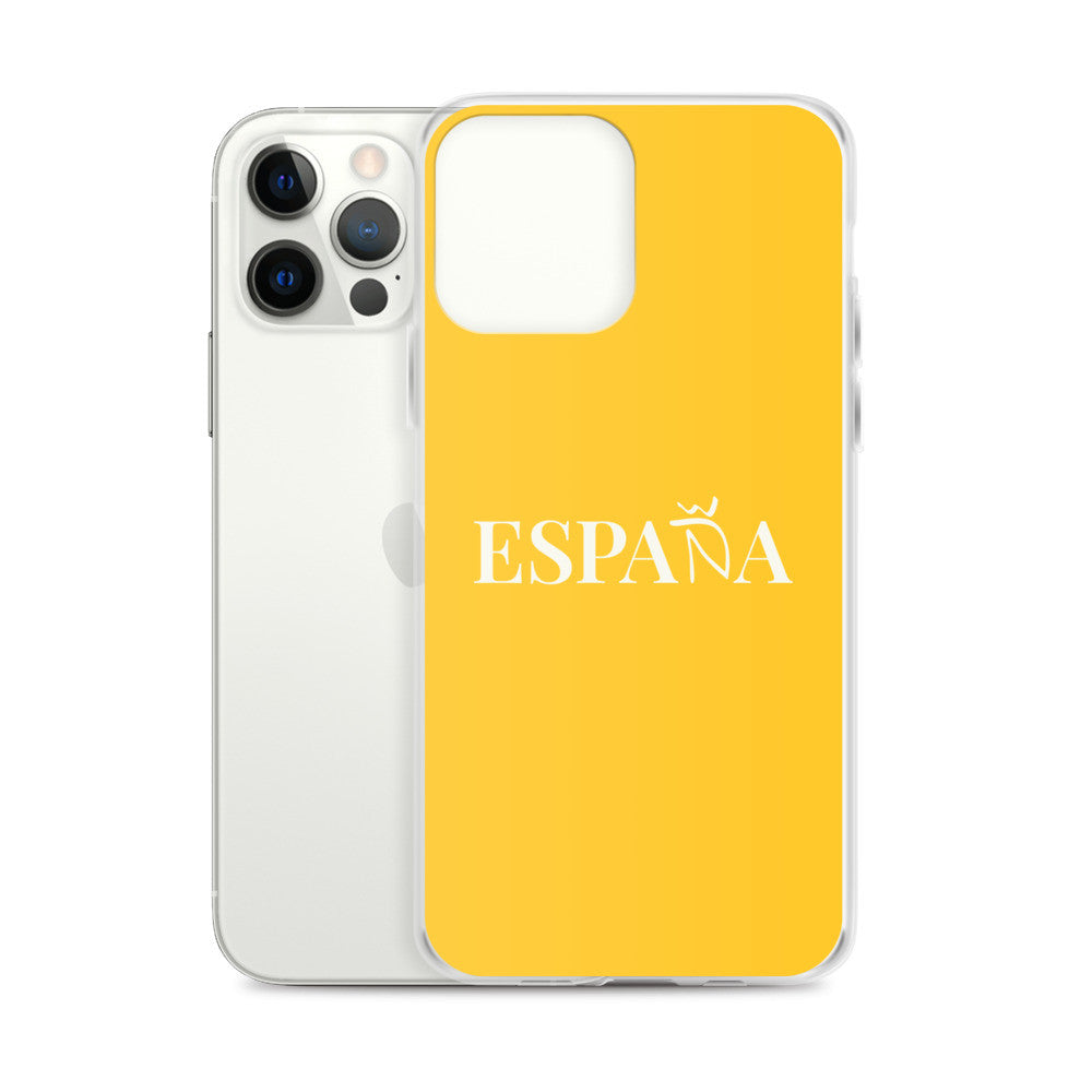 Carcasa transparente iPhone ESPAÑA de color amarillo y letra blanca