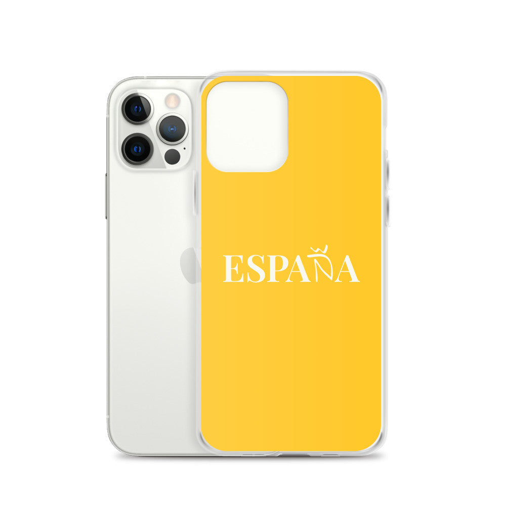 Carcasa transparente iPhone ESPAÑA de color amarillo y letra blanca