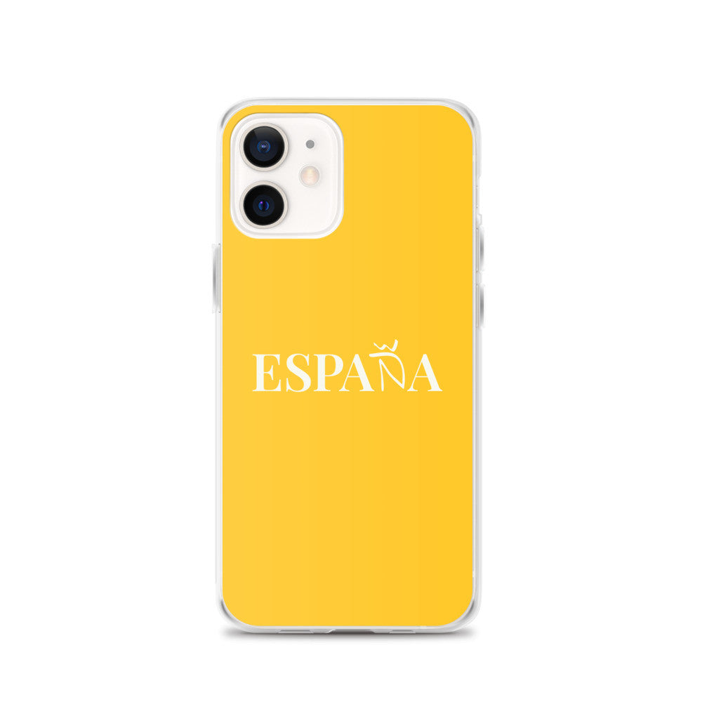 Carcasa transparente iPhone ESPAÑA de color amarillo y letra blanca