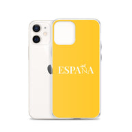 Carcasa transparente iPhone ESPAÑA de color amarillo y letra blanca