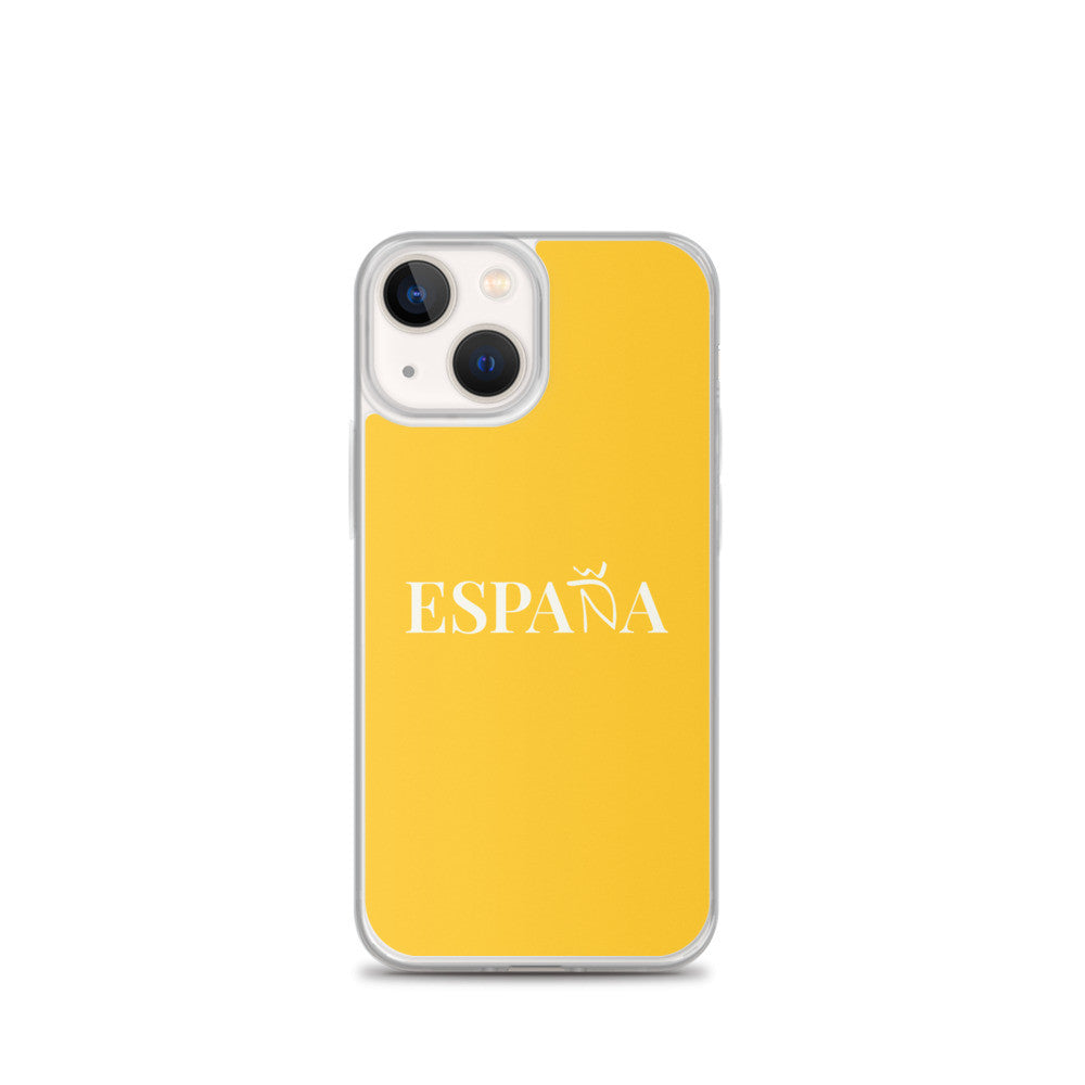 Carcasa transparente iPhone ESPAÑA de color amarillo y letra blanca