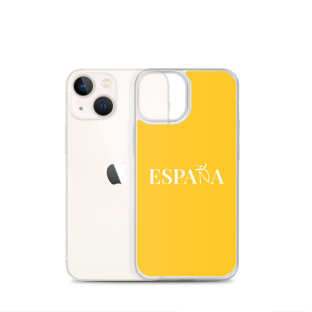Carcasa transparente iPhone ESPAÑA de color amarillo y letra blanca