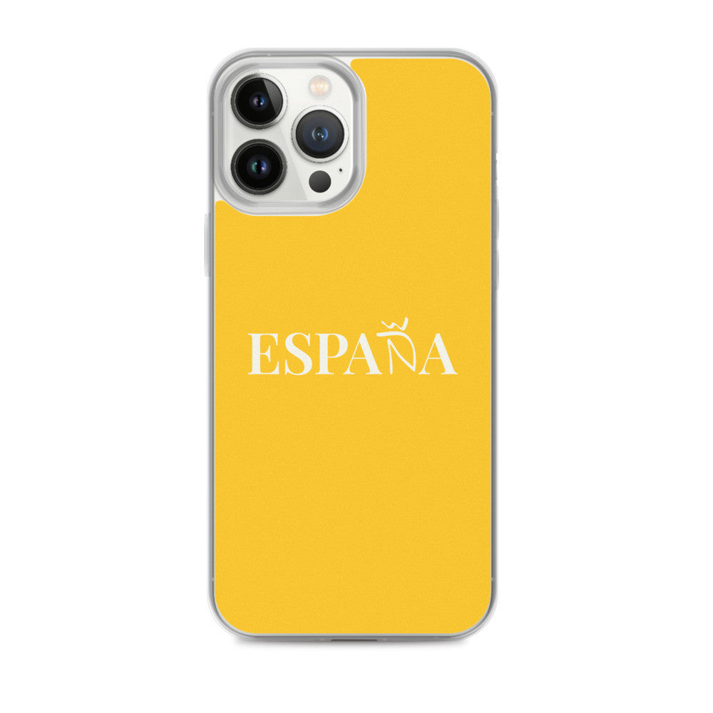 Carcasa transparente iPhone ESPAÑA de color amarillo y letra blanca