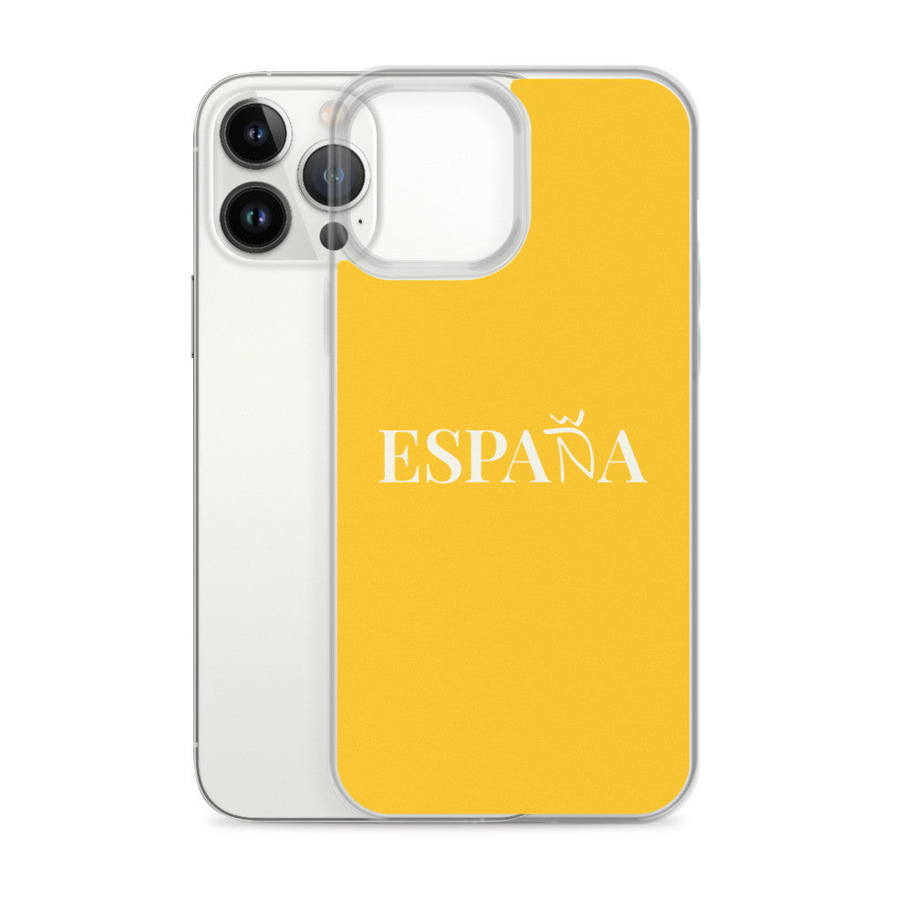 Carcasa transparente iPhone ESPAÑA de color amarillo y letra blanca
