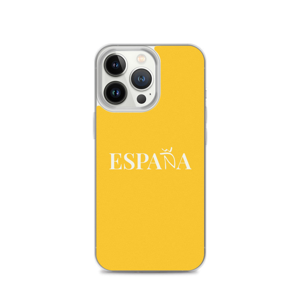 Carcasa transparente iPhone ESPAÑA de color amarillo y letra blanca