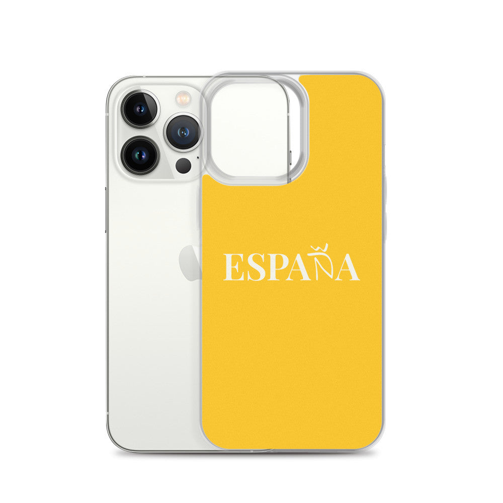 Carcasa transparente iPhone ESPAÑA de color amarillo y letra blanca