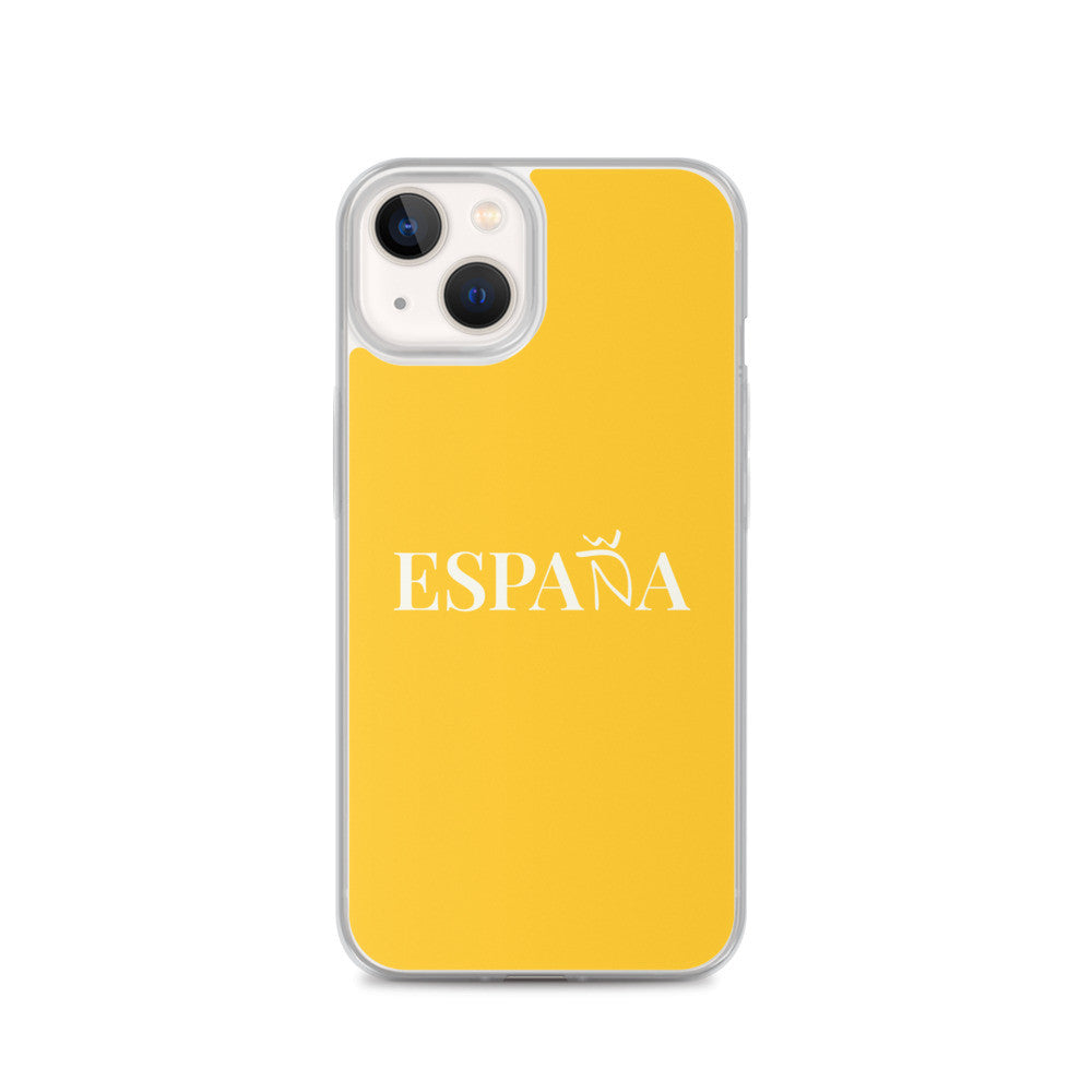 Carcasa transparente iPhone ESPAÑA de color amarillo y letra blanca