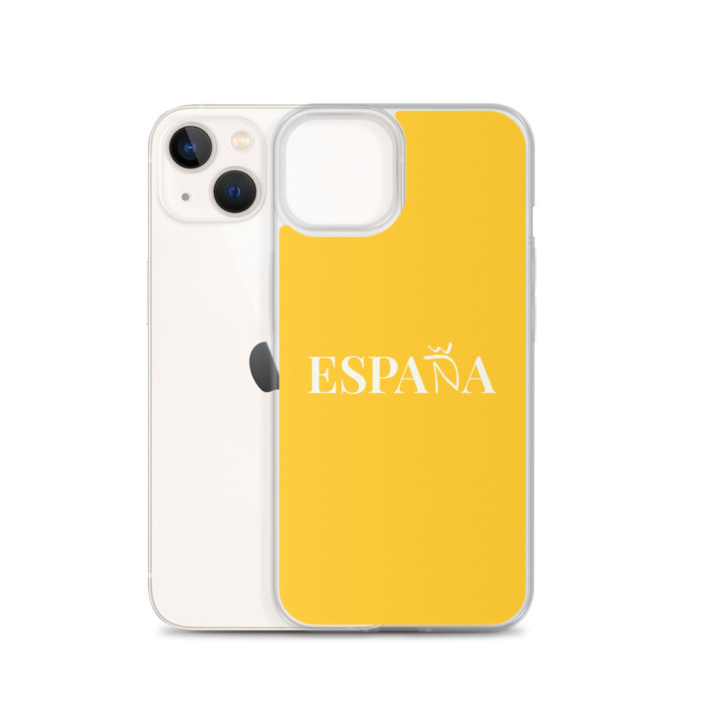 Carcasa transparente iPhone ESPAÑA de color amarillo y letra blanca