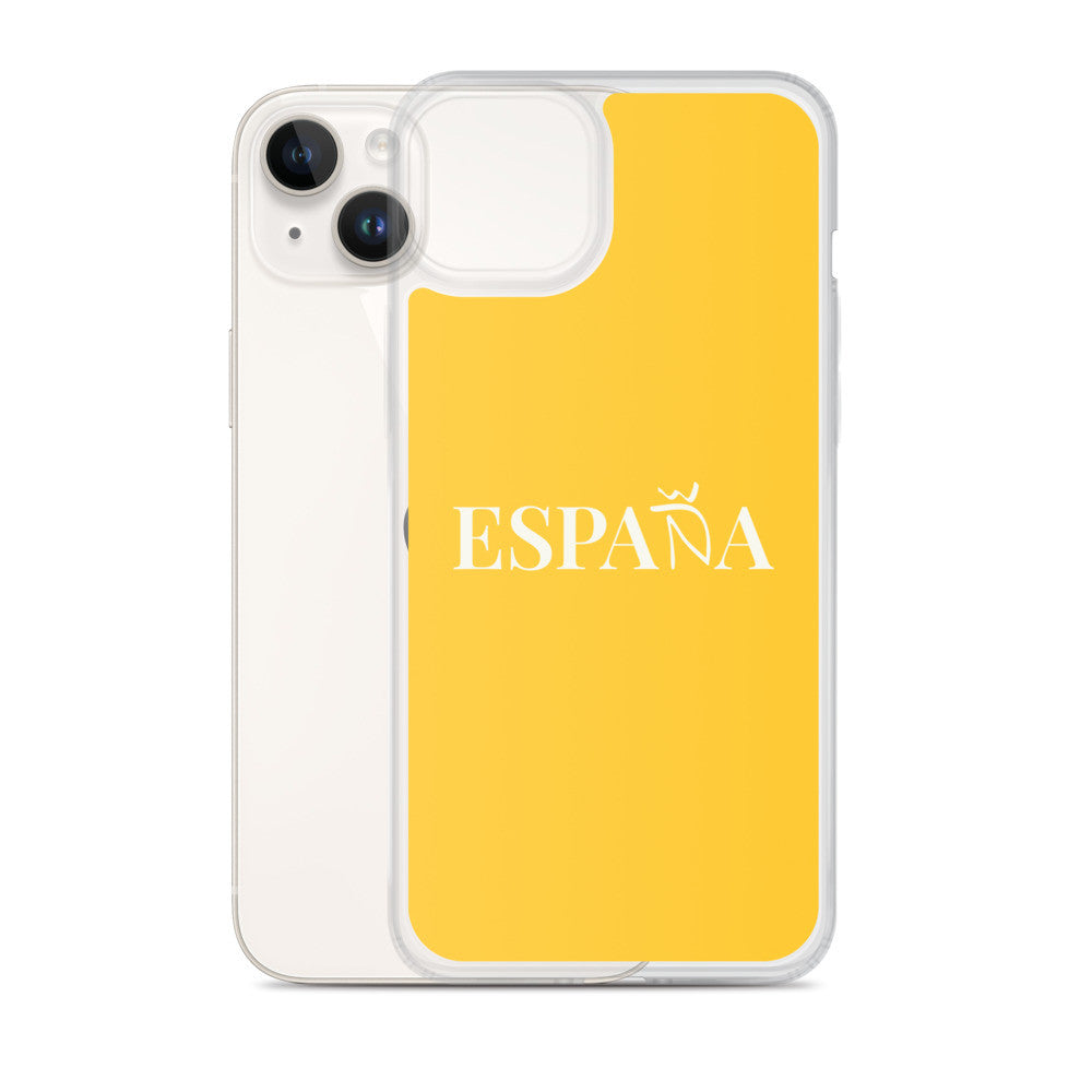 Carcasa transparente iPhone ESPAÑA de color amarillo y letra blanca