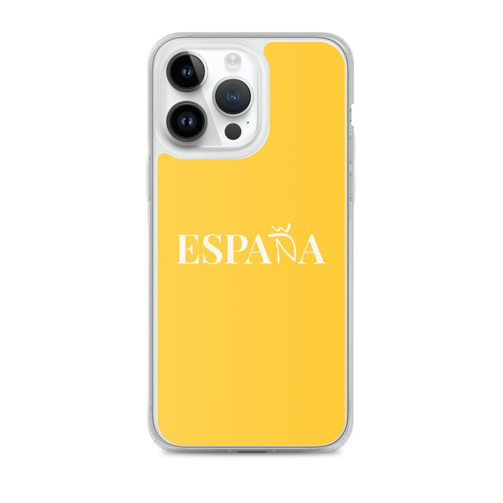 Carcasa transparente iPhone ESPAÑA de color amarillo y letra blanca