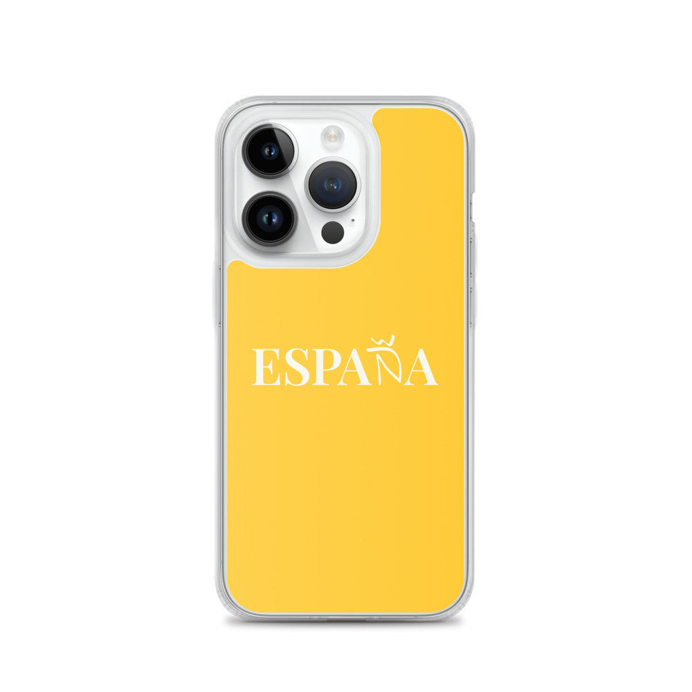 Carcasa transparente iPhone ESPAÑA de color amarillo y letra blanca