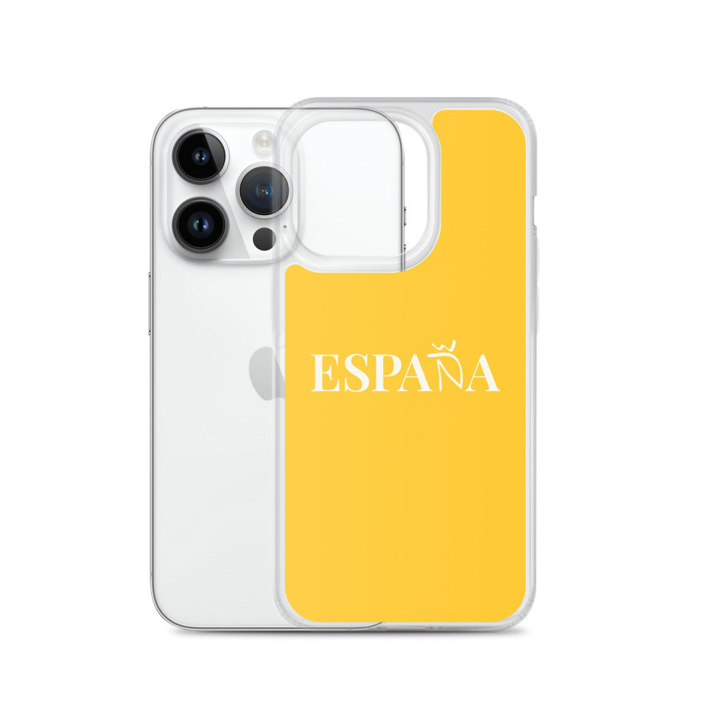 Carcasa transparente iPhone ESPAÑA de color amarillo y letra blanca