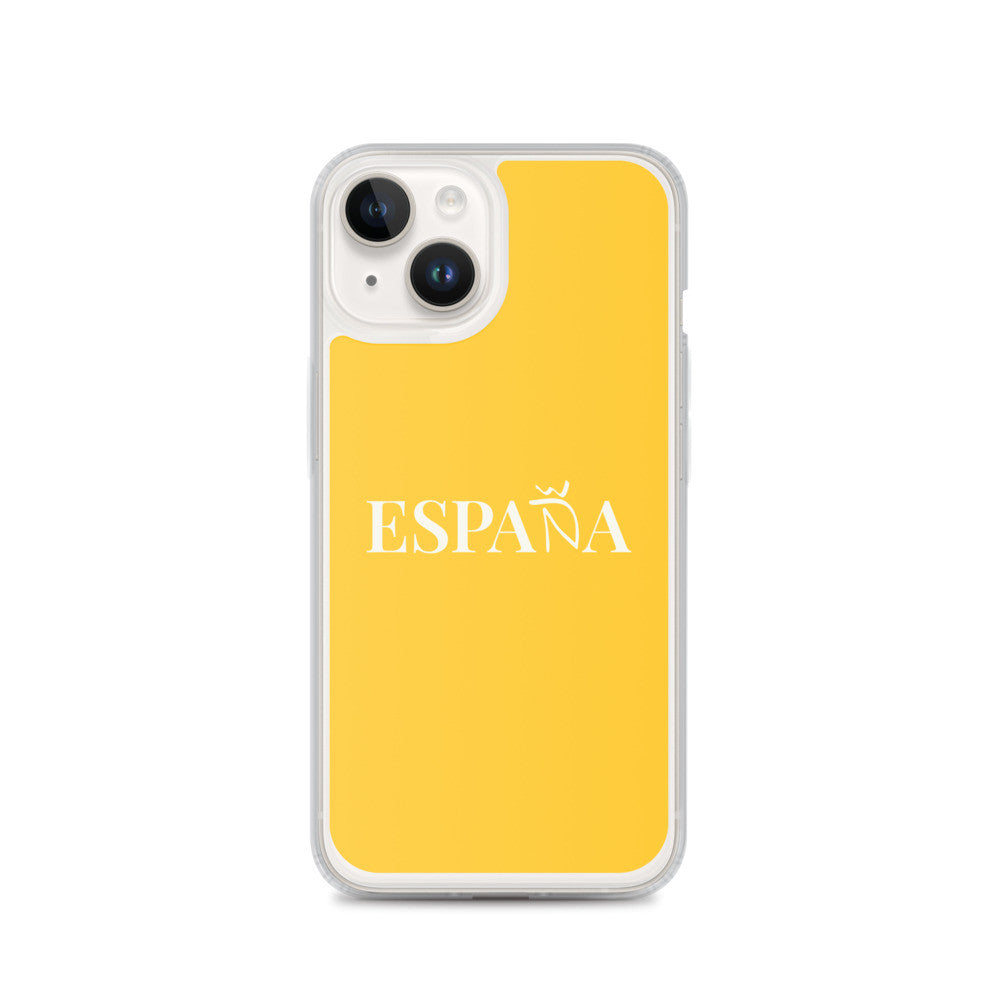 Carcasa transparente iPhone ESPAÑA de color amarillo y letra blanca