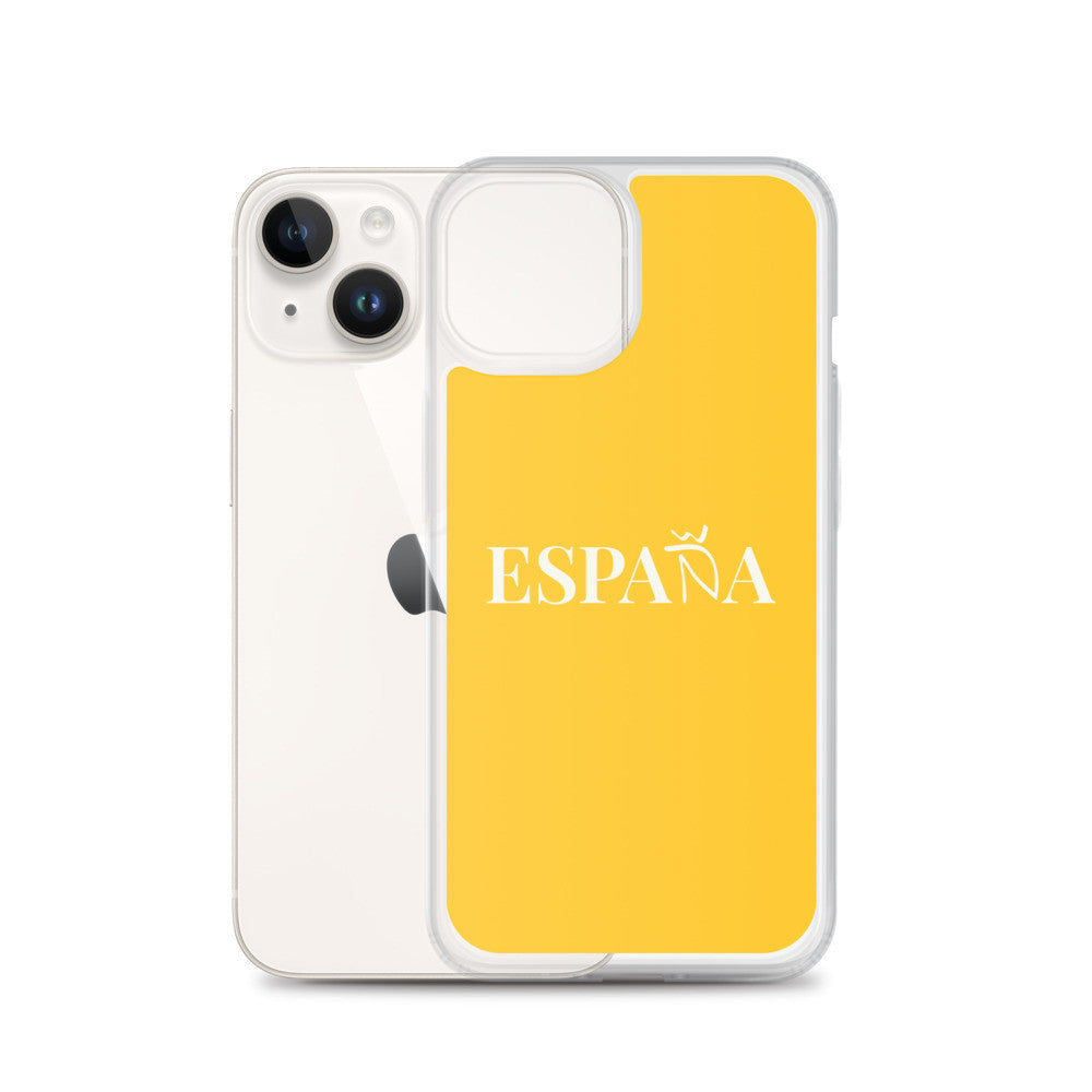 Carcasa transparente iPhone ESPAÑA de color amarillo y letra blanca
