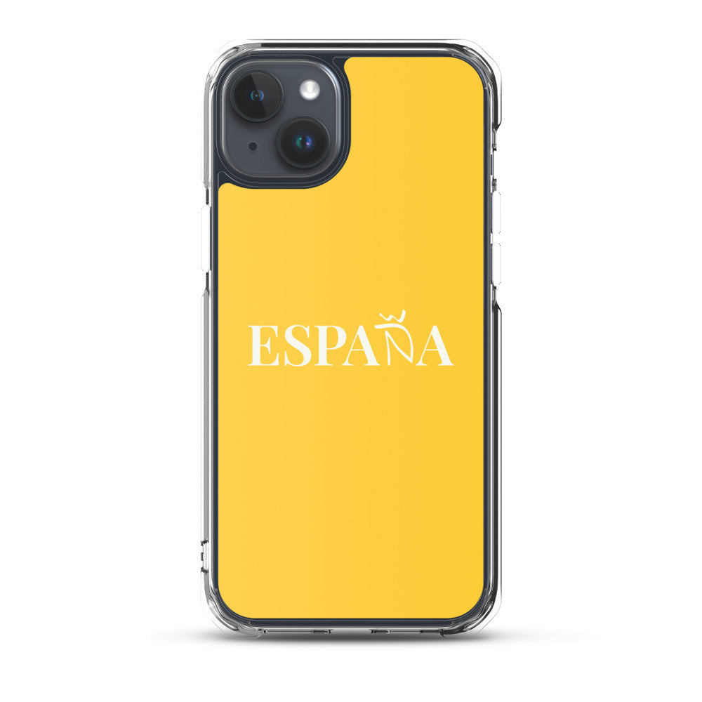 Carcasa transparente iPhone ESPAÑA de color amarillo y letra blanca