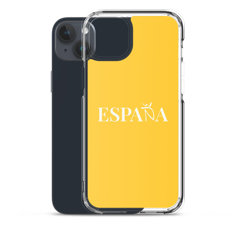 Carcasa transparente iPhone ESPAÑA de color amarillo y letra blanca