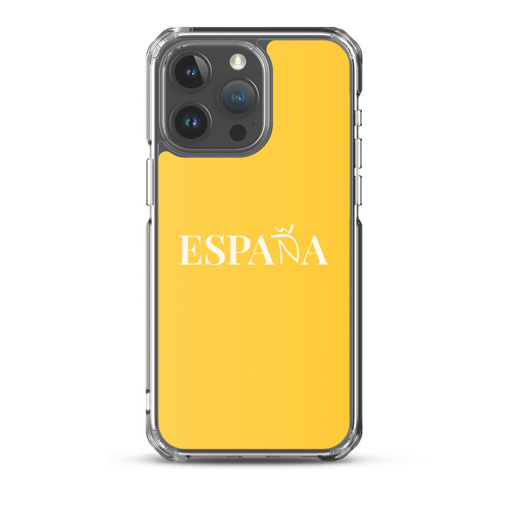 Carcasa transparente iPhone ESPAÑA de color amarillo y letra blanca