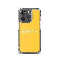 Carcasa transparente iPhone ESPAÑA de color amarillo y letra blanca