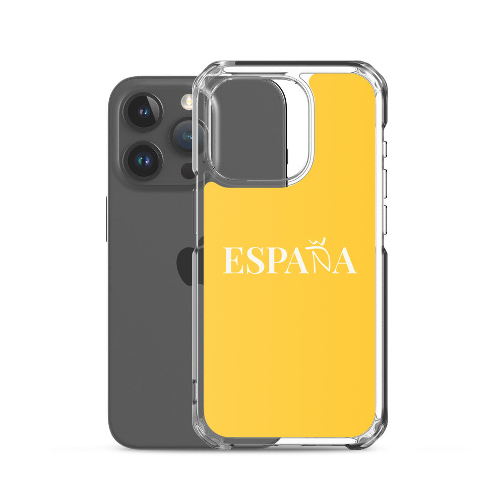 Carcasa transparente iPhone ESPAÑA de color amarillo y letra blanca