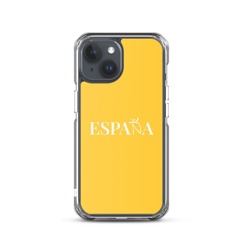 Carcasa transparente iPhone ESPAÑA de color amarillo y letra blanca