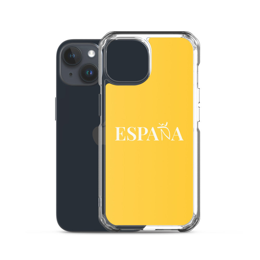 Carcasa transparente iPhone ESPAÑA de color amarillo y letra blanca