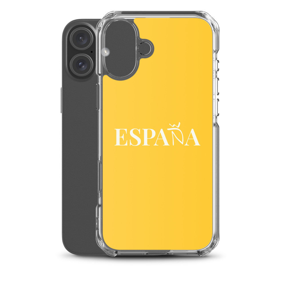 Carcasa transparente iPhone ESPAÑA de color amarillo y letra blanca