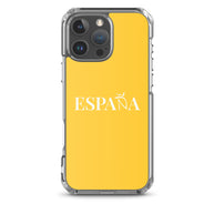 Carcasa transparente iPhone ESPAÑA de color amarillo y letra blanca