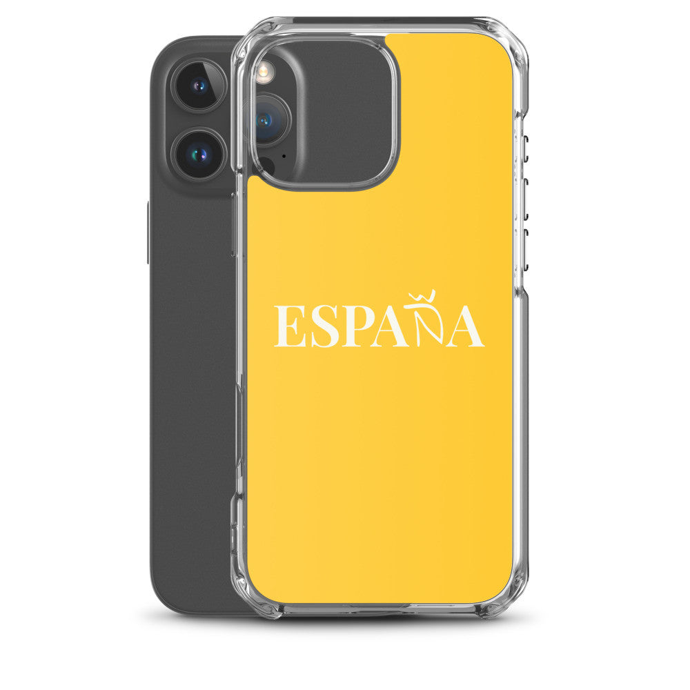 Carcasa transparente iPhone ESPAÑA de color amarillo y letra blanca
