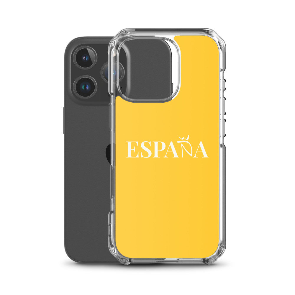 Carcasa transparente iPhone ESPAÑA de color amarillo y letra blanca