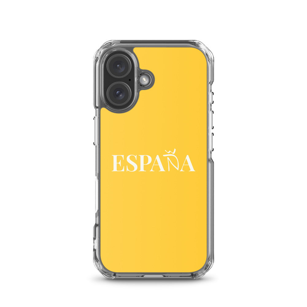 Carcasa transparente iPhone ESPAÑA de color amarillo y letra blanca