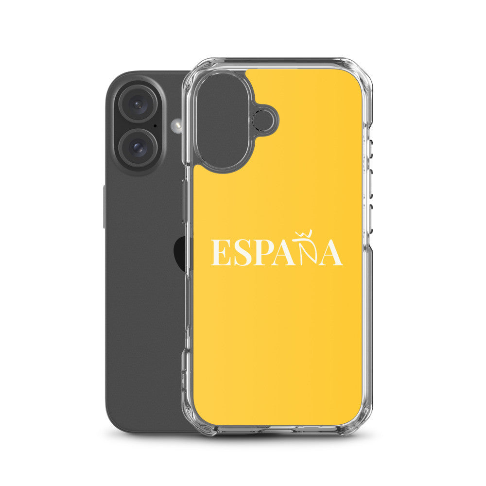 Carcasa transparente iPhone ESPAÑA de color amarillo y letra blanca