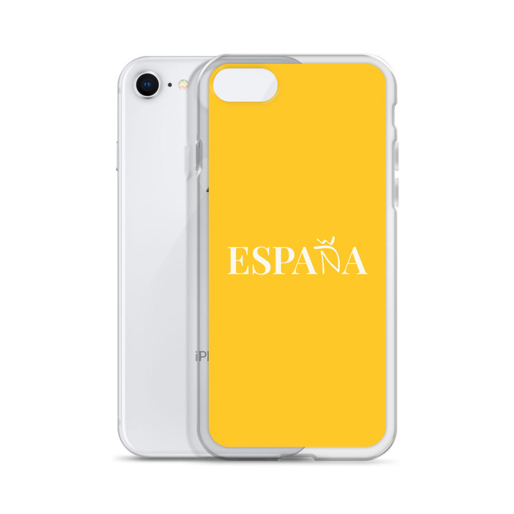 Carcasa transparente iPhone ESPAÑA de color amarillo y letra blanca
