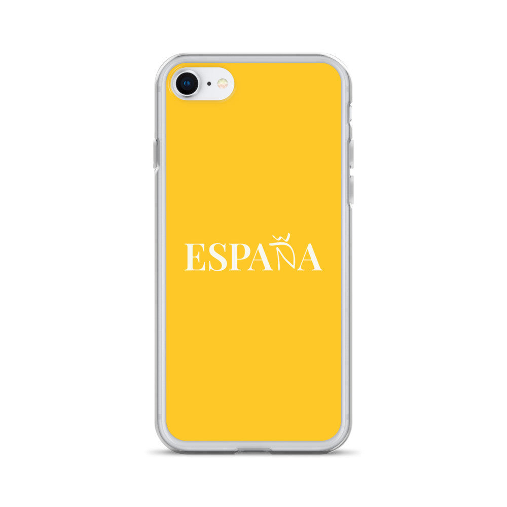 Carcasa transparente iPhone ESPAÑA de color amarillo y letra blanca