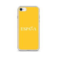 Carcasa transparente iPhone ESPAÑA de color amarillo y letra blanca