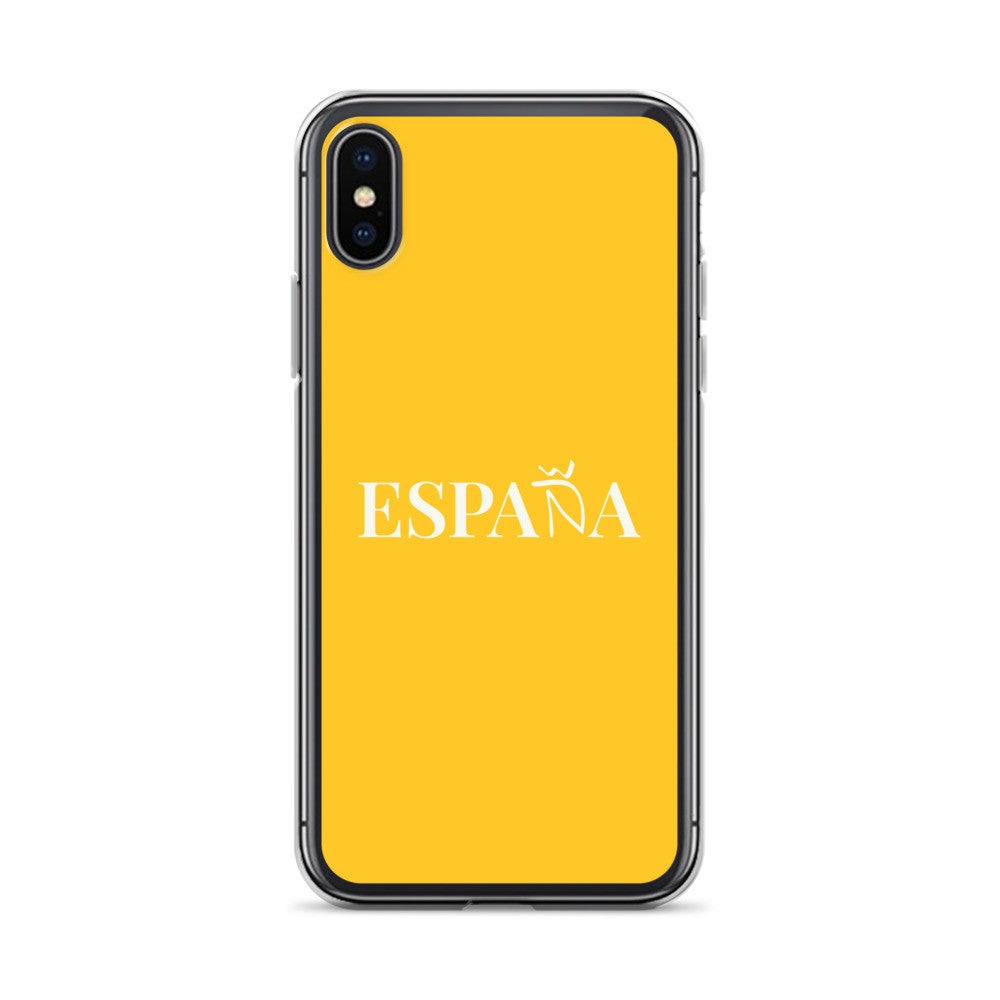 Carcasa transparente iPhone ESPAÑA de color amarillo y letra blanca