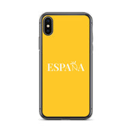 Carcasa transparente iPhone ESPAÑA de color amarillo y letra blanca